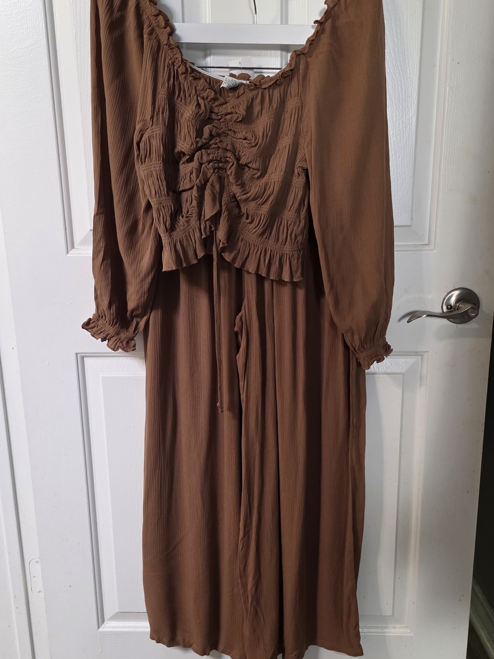 Ruched Brown Pant Set with Ruffle Details Crop Top